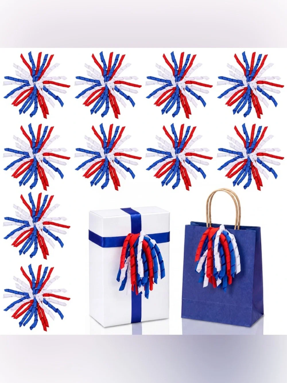 Red White and Blue Curl Ribbon Tassel Party Gift Decorations - Pack of 12